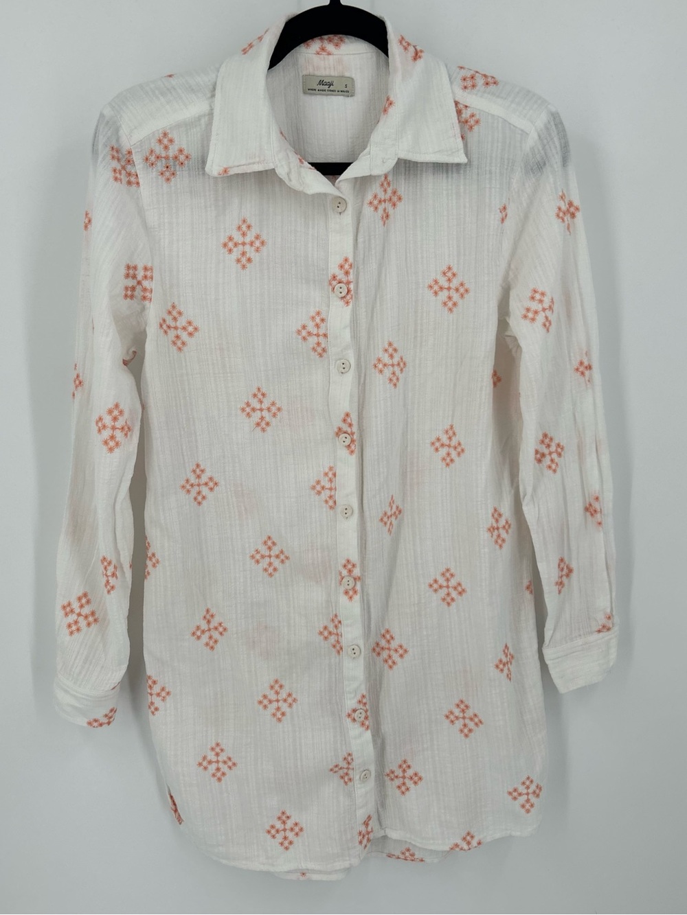 Maaji White Crinkle Gauze Geometric Embroidered Button Down Tunic Shirt Small